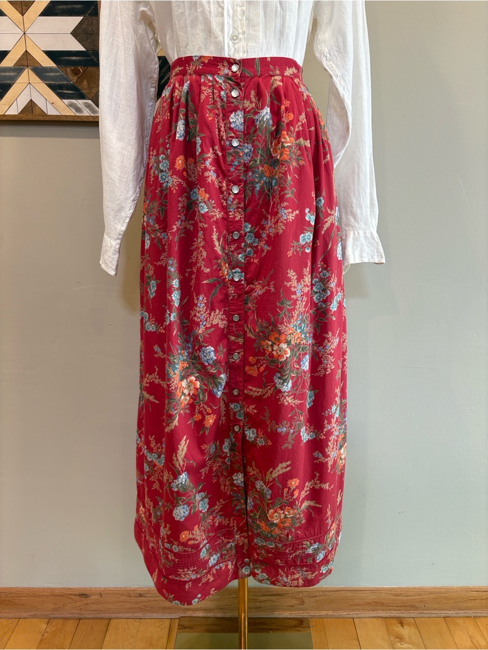 Vintage Lauren Ralph Lauren Red Cotton Floral Prairie Maxi Skirt sz Medium / 12 - Picture 2 of 12
